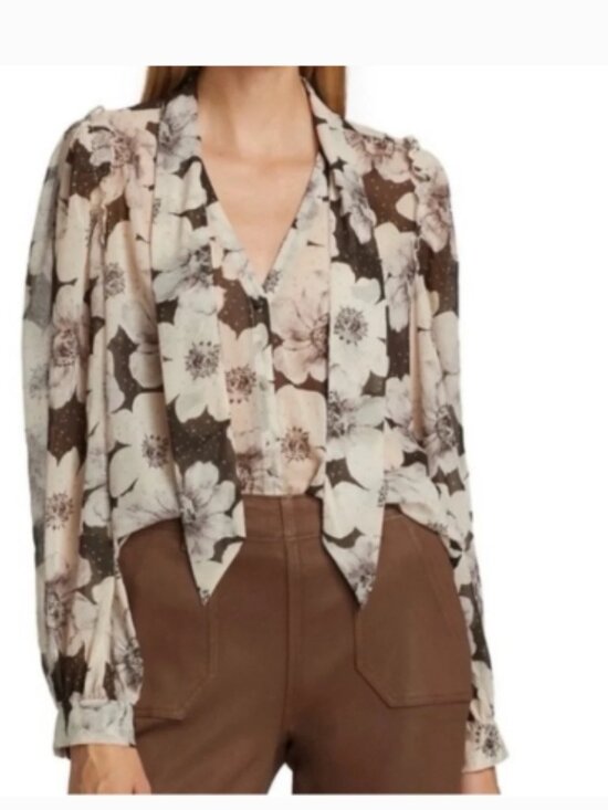 PAIGE Tops - Like New! PAIGE Denim Giada Blouse Cream and Black Floral Tie-Neck in Size S